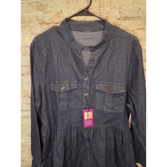 Loveimgs Womens Jean Dress Size Medium Long Sleeve Long Dress V Neck Dark Blue - Picture 2 of 4